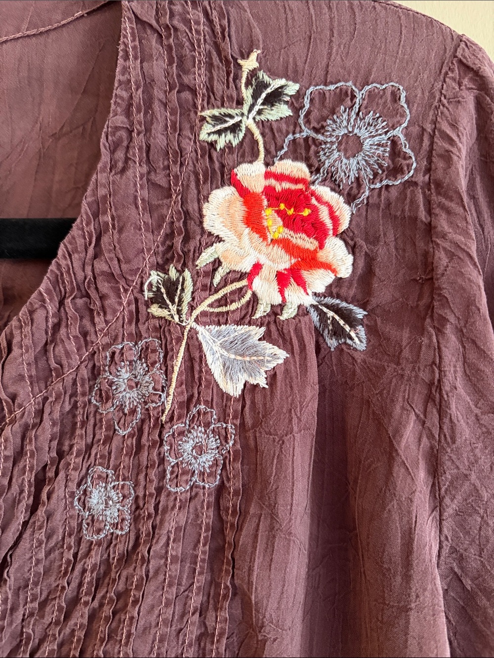 Johnny Was Plum Embroidered V-Neck Tunic Top with Red Floral Accents - Picture 3 of 11